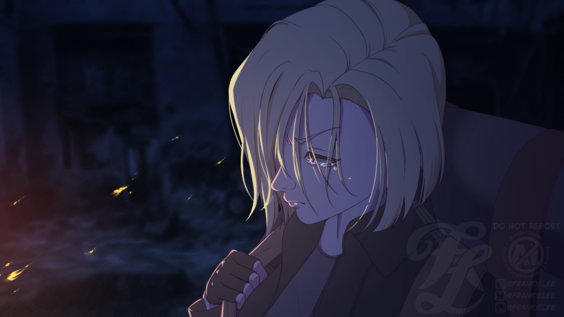An anime screenshot of Paradox. She stands, holding her backpack strap, tears in her eyes as she looks aside. It's night and dark, and she's lit only by an offscreen fire.